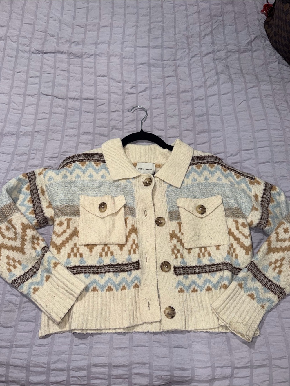 Pink Rose Cream, Blue & Brown Patterned Button Cardigan